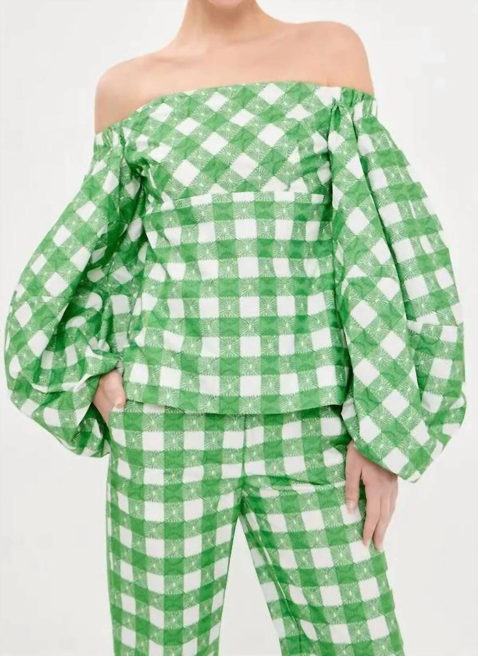 NEW ROSIE ASSOULIN empire balloon sleeve picnic embroidered gingham blouse in gr